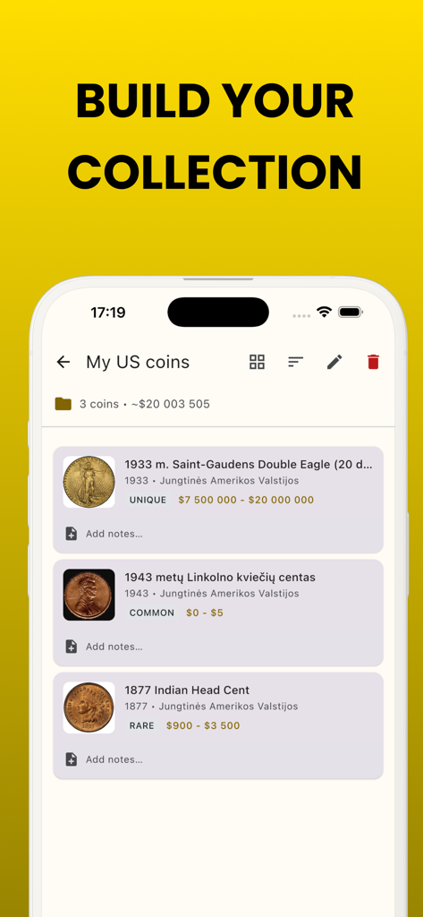 Coin identifier: CoinDetect - Mobile Bildschirmansicht einer digitalen Sammlung von US-Münzen mit Bildern, Seltenheitsstufen und geschätzten Marktwerten