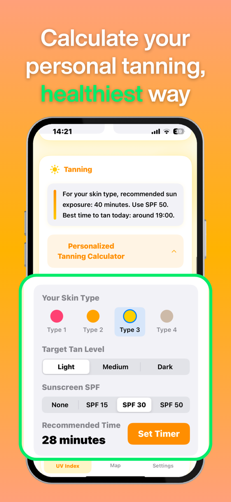 Sundex app personalized tanning calculator with skin type and SPF settings