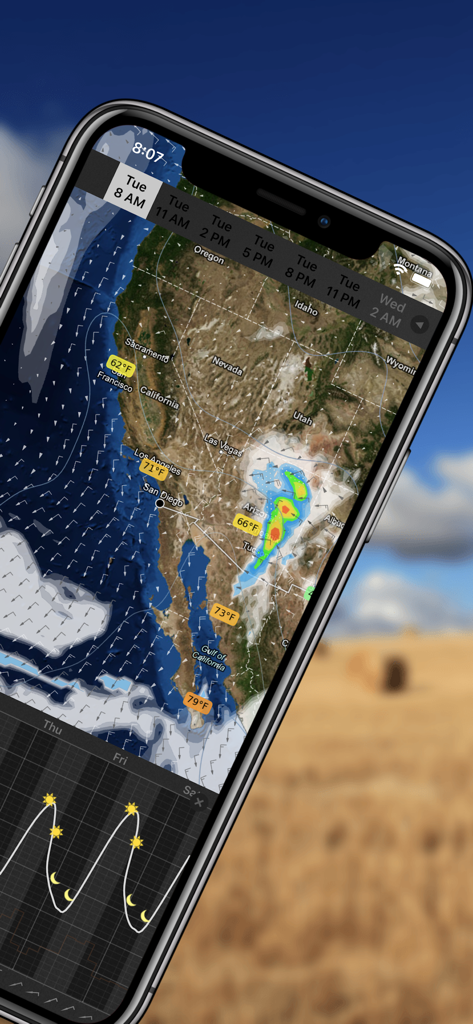 Aplicación WeatherMap plus en iPhone mostrando patrones de viento y datos de temperatura en un mapa satelital del oeste de EE. UU.