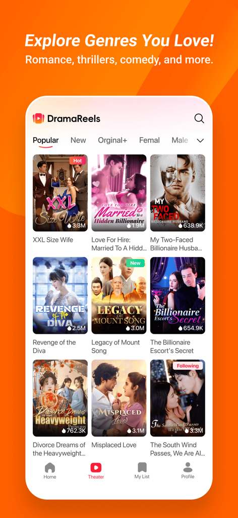 DramaReels: Dramas and Series - Mobile App-Oberfläche von DramaReels, die eine Vielzahl von trendigen Kurz-Drama-Serien und Filmpostern anzeigt.