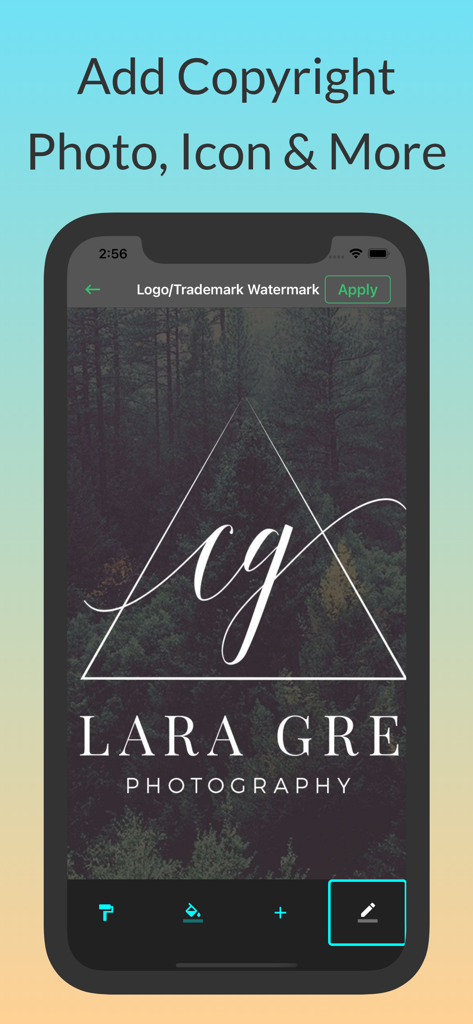 Mobile app interface showing a professional logo watermark applied to a photo for copyright protection.