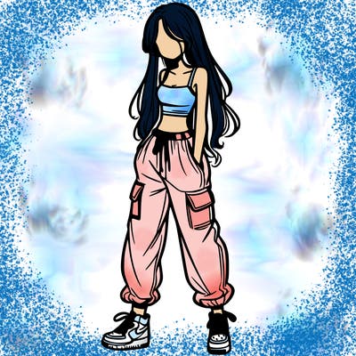 girl in baggy pants crop top and long hair