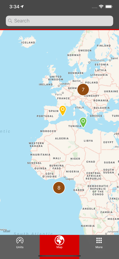 WebSupervisor 앱 맵 인터페이스는 모니터링되는 산업 장치 및 자산 클러스터의 지리적 위치를 표시합니다.