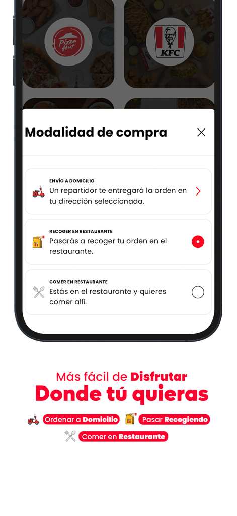 Bip Bip - Interfaz de la app Bip Bip mostrando opciones de entrega a domicilio, recogida y para comer en el local en español.
