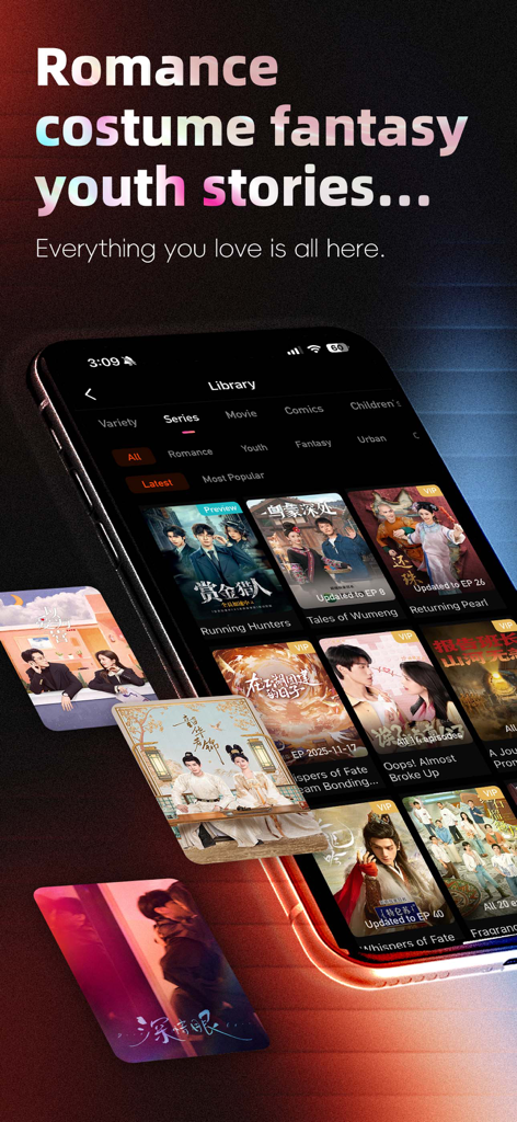 Interfaz de la aplicación MangoTV mostrando una biblioteca de series de drama chinas que incluyen géneros de romance y fantasía de época.