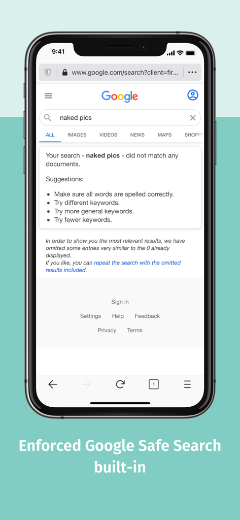A screenshot of SPIN Safe Browser demonstrating its built-in enforced Google Safe Search which blocks results for inappropriate search terms.