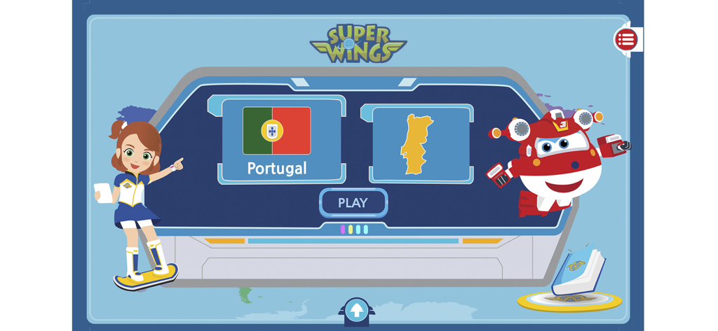 Super Wings - It's Fly Time - Pantalla de juego educativo de Super Wings que muestra la bandera y el contorno del mapa de Portugal para que los niños aprendan geografía.