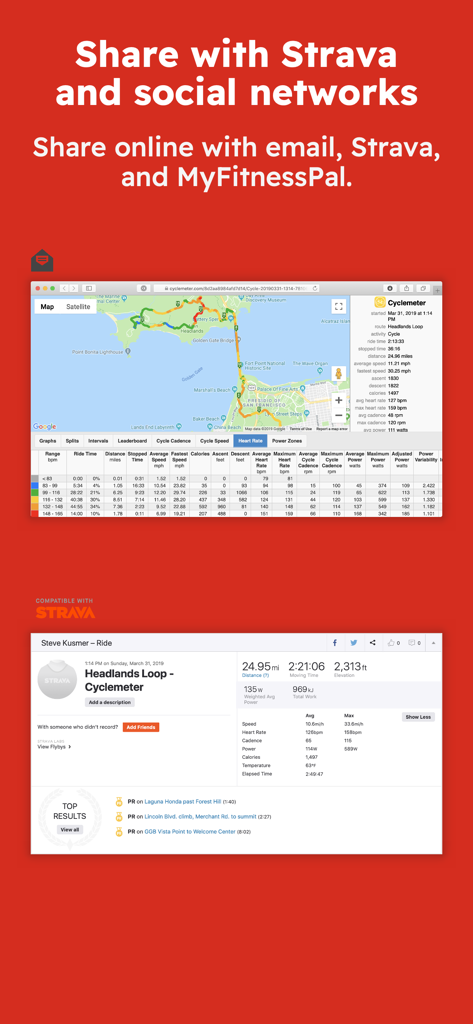 Pantalla de intercambio de ejercicios de la aplicación Runmeter que muestra la integración de datos con Strava y análisis detallados en el navegador web con mapas y gráficos de rendimiento.