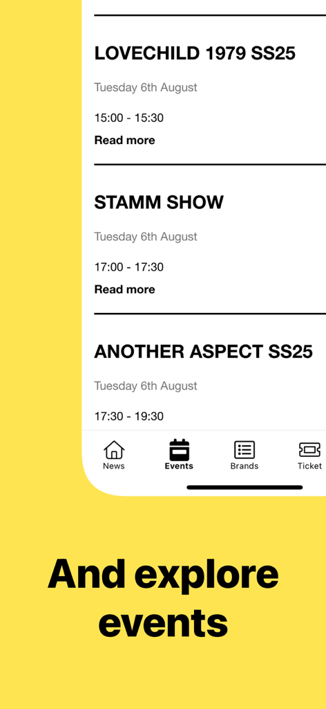 Copenhagen International Fashion Fair app event schedule screen showing a list of fashion shows.