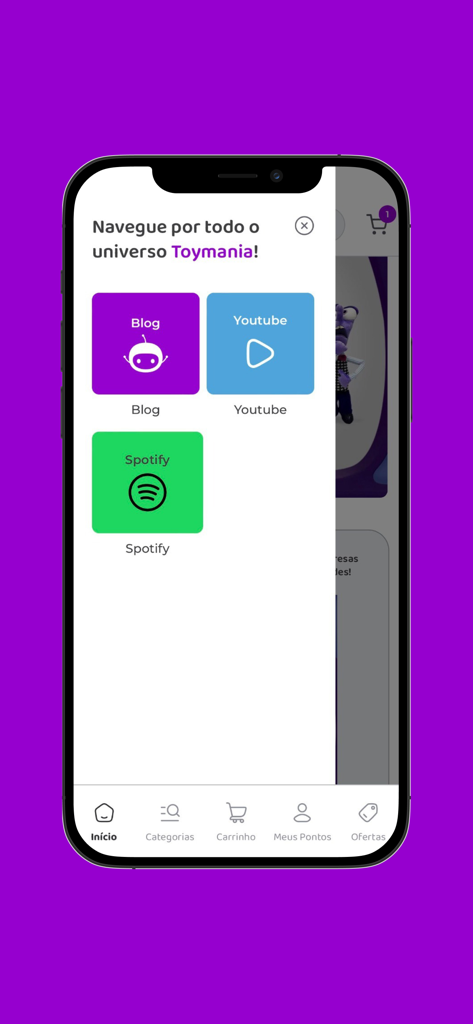 Toymania app menu with links to Blog Youtube and Spotify