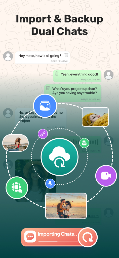 Whats Web - Dual App Messenger - Interface for importing and backing up dual messenger chats with media sync icons