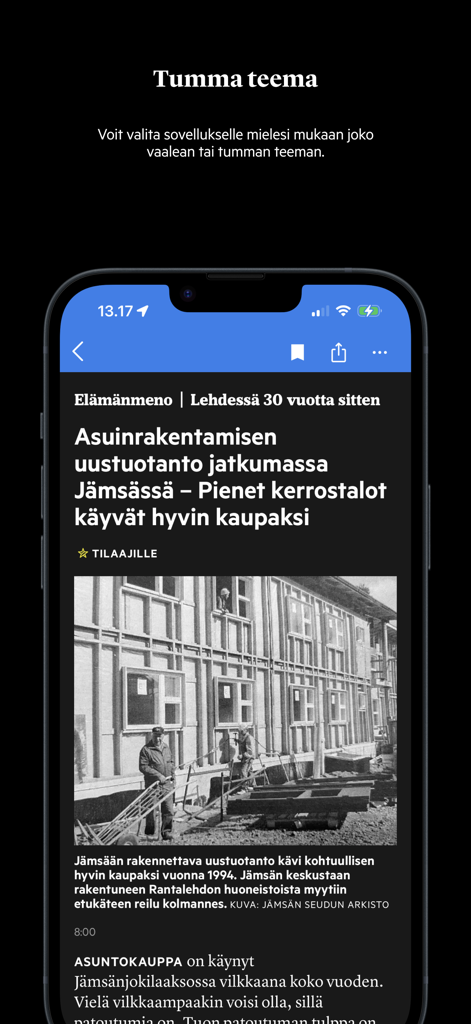 Smartphone screen showing a news article in the Jämsän Seutu app with dark mode enabled