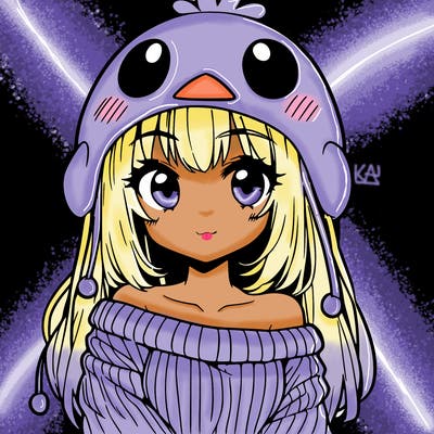 anime girl with chick shaped hat with sweater with bare shoulders with bangs covering them one eye with low tail