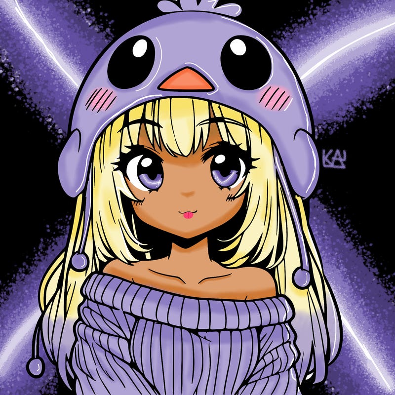 anime girl with chick shaped hat with sweater with bare shoulders with bangs covering them one eye with low tail