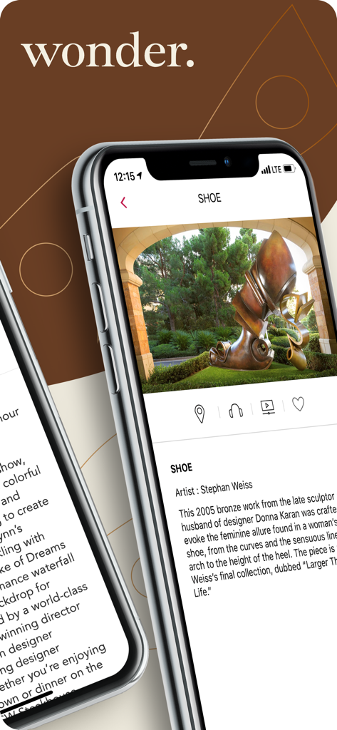 Wynn Resorts - A smartphone screen displaying the Wynn Resorts app with details about a bronze art sculpture titled SHOE by Stephan Weiss.