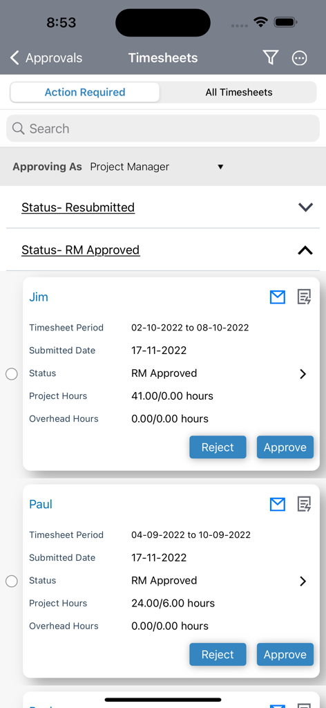 Interface de aprovação de folha de ponto no aplicativo móvel Oracle Primavera P6 EPPM