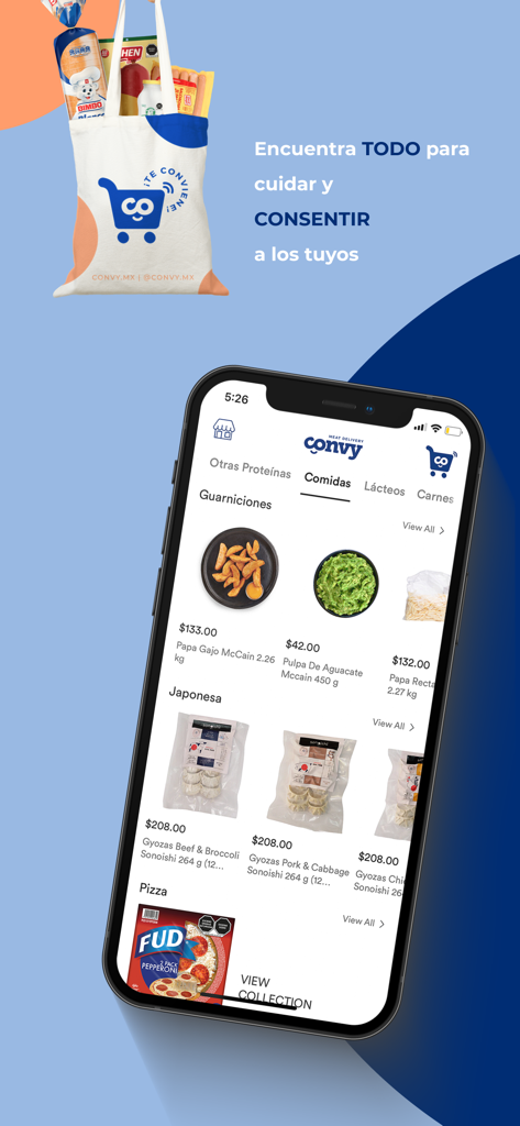 CONVY – Tu super de proteínas - CONVYモバイルアプリのインターフェース。サイドディッシュ、和食、冷凍ピザのカテゴリと食料品バッグの画像が表示されています。