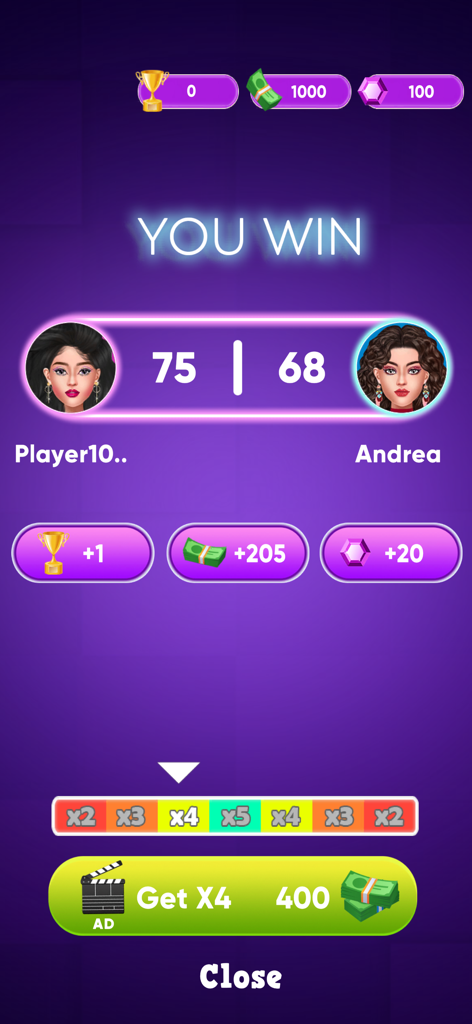 Fashion Battle Dress up Show - Pantalla de victoria del juego de batalla de moda que muestra puntuaciones y recompensas.