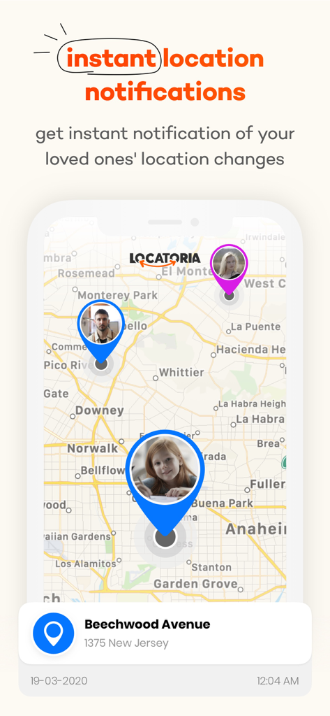Locatoria - Find Location - Locatoriaアプリのインターフェイス、マップ上で家族のリアルタイム位置追跡と即時通知を表示