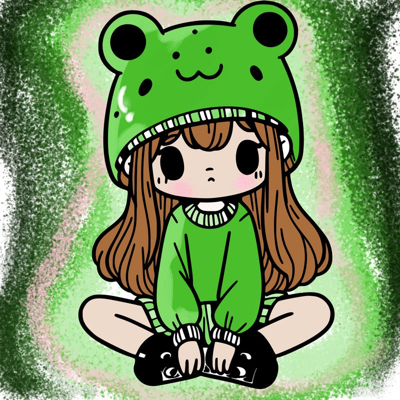 a girl wearing a frog hat and some frog socks
