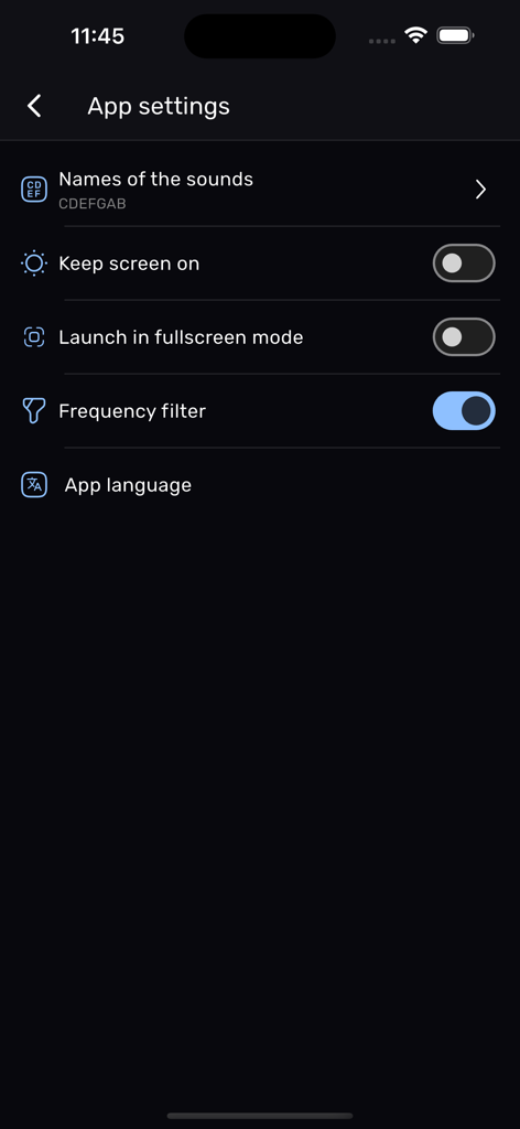 Flute Tuner – XTuner PRO - Settings screen of the Flute Tuner XTuner PRO app showing options for sound notation and frequency filter