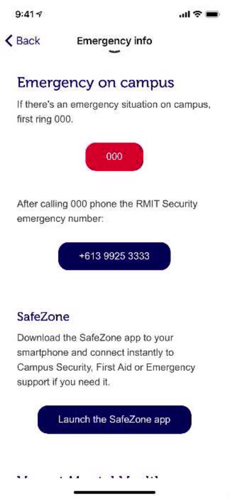RMIT app - RMIT app emergency information screen showing campus emergency contacts and SafeZone app link