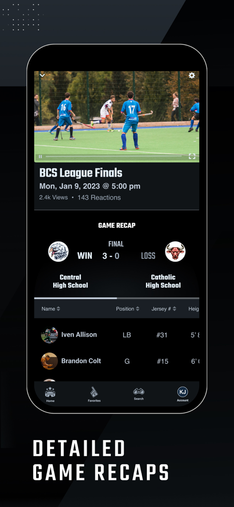 Hudl Fan app interface showing a detailed game recap with video and player stats