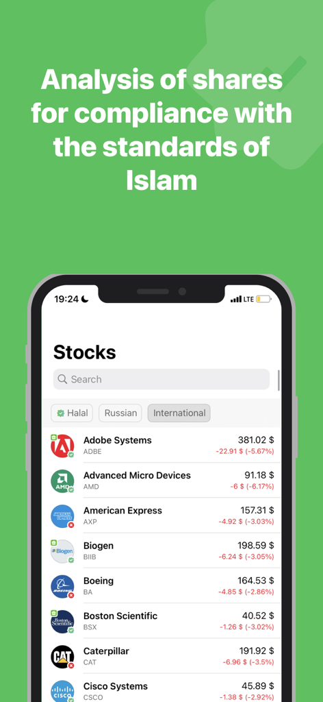 Sahih Invest App-Oberfläche, die eine Liste von Aktien mit Scharia-Konformitätsstatus und Marktpreisen anzeigt