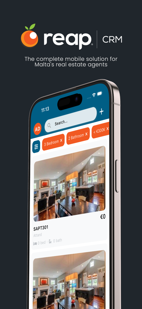 REAP CRM mobile application interface displaying real estate listings and search filters on an iPhone screen