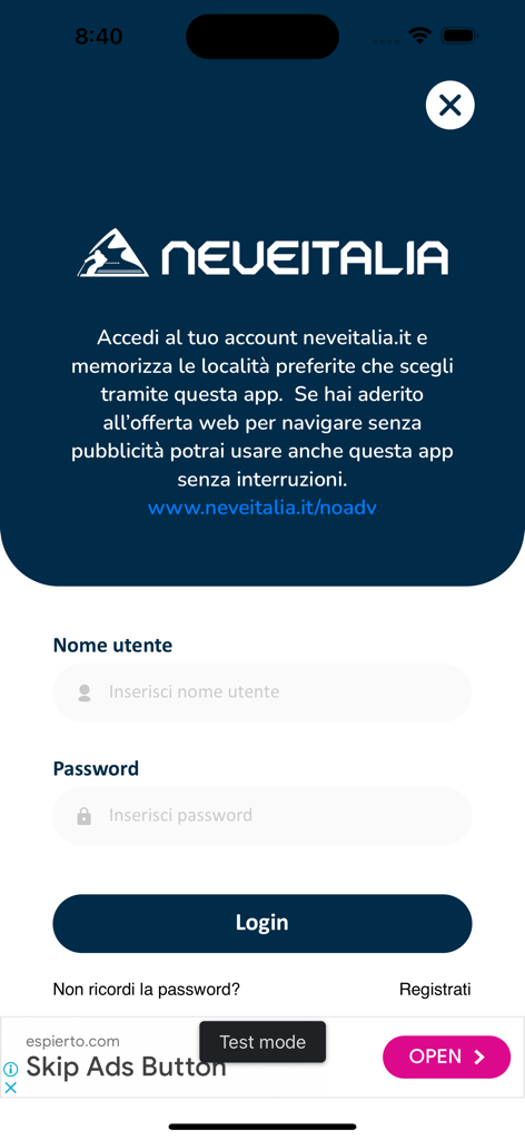 Neve e Sci - NeveItalia - Anmeldeoberfläche der NeveItalia Ski- und Schnee-App