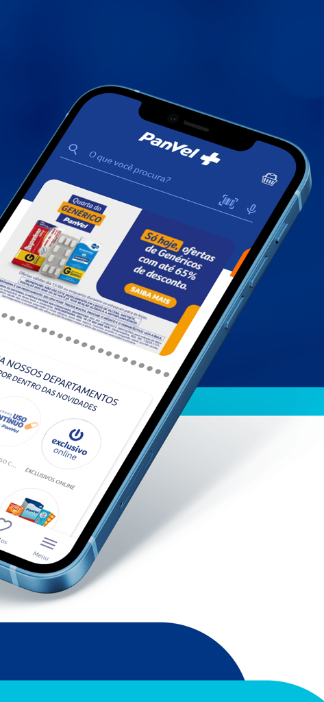 Panvel Farmácia e Perfumaria - Mobile interface of Panvel pharmacy app showing promotional banners for generic medications and search functionality.