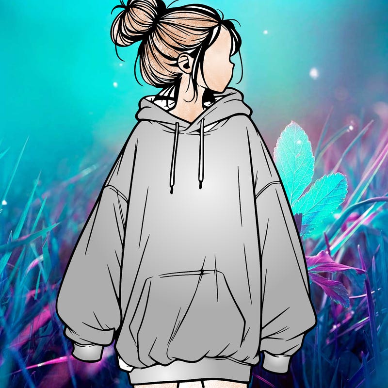 realistic girl with a oversized sweatshirt on and a bun
