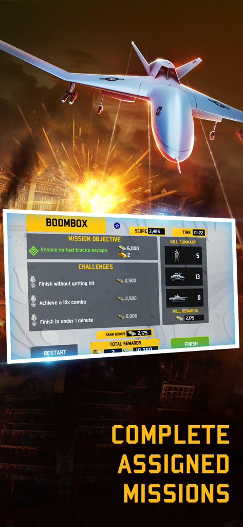 Drone : Shadow Strike 3 - A drone strike game screen showing a mission summary with objectives, challenges, and kill statistics.