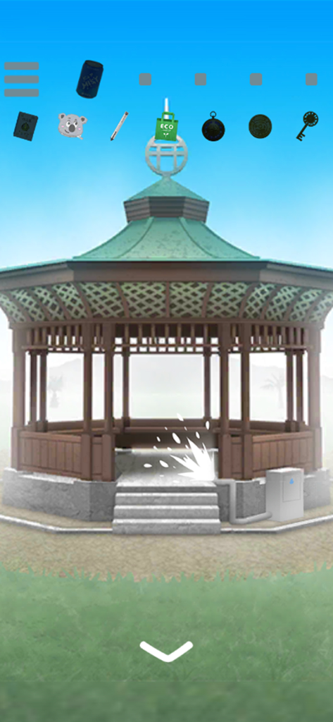 escape game: Maze MIST - A wooden gazebo in a misty park from the escape game Maze MIST with various inventory items at the top.