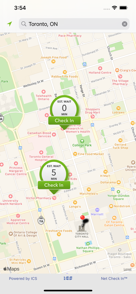 Vista de mapa en la aplicación Dynacare que muestra ubicaciones de laboratorios y tiempos de espera estimados.