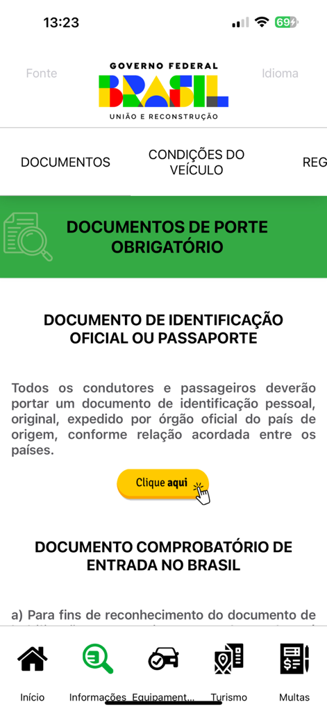Mercosul App - Interfaz de Mercosul App que muestra los requisitos de identificación y pasaporte obligatorios para entrar en Brasil