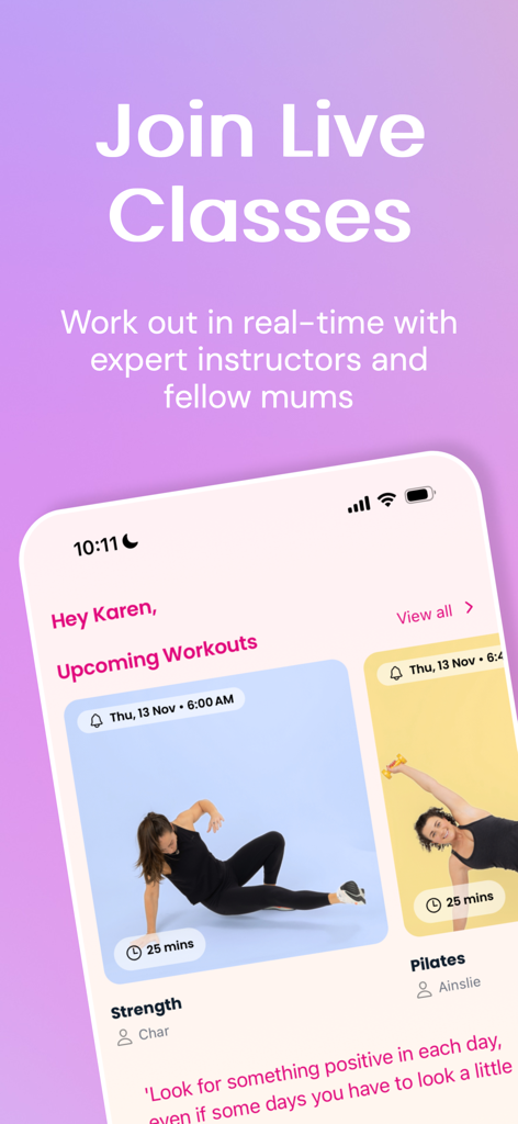 Move it Mama - Move it Mama app interface showing upcoming live fitness classes for women including strength and pilates sessions
