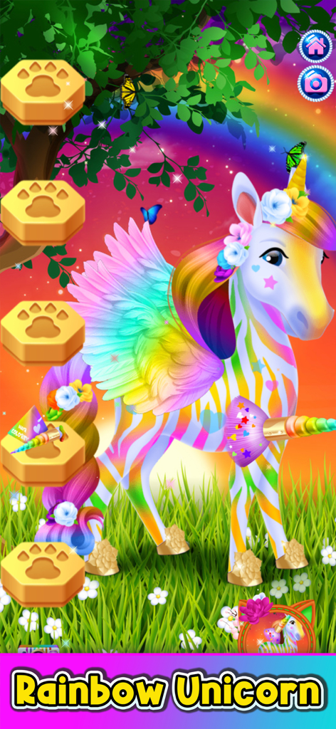 Pet Games: Rainbow Unicorn - Um unicórnio arco-íris colorido com asas e flores em um jogo de transformação de pets virtuais para crianças