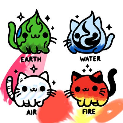 4 cats that represent the different elements, earth, water, air, and fire