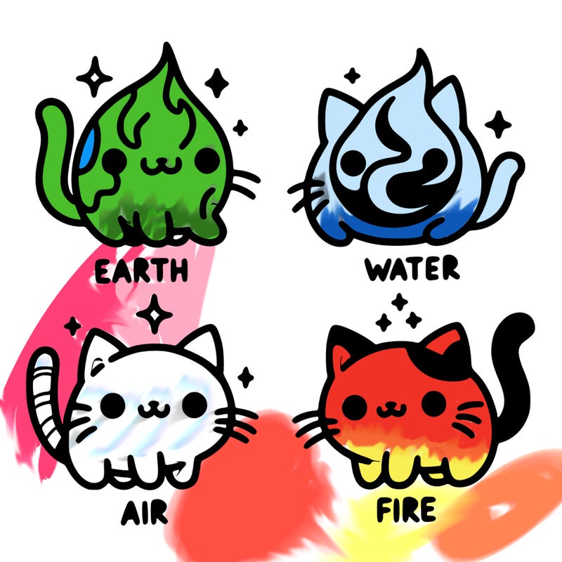4 cats that represent the different elements, earth, water, air, and fire
