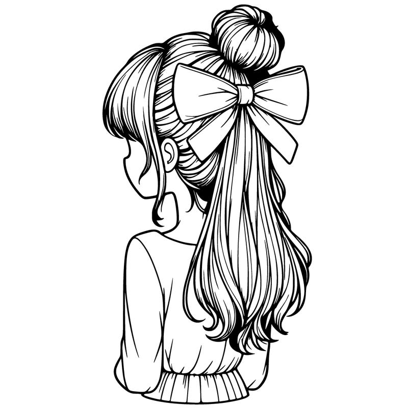realistic girl  with hip length hair a bun and a big bow on the back of head