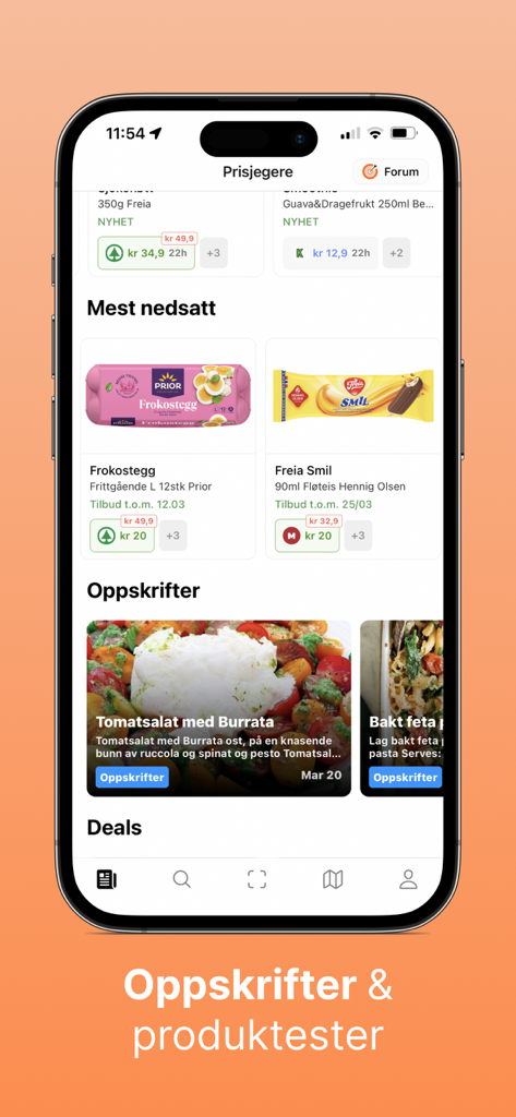 Pantalla de la aplicación móvil Prisjegere con las mejores ofertas de comestibles e inspiración para recetas