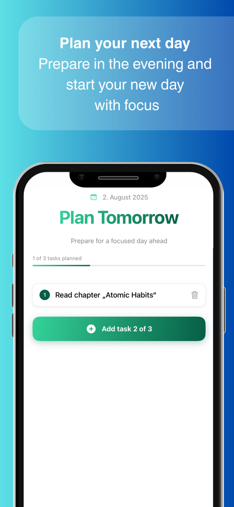 ThreeToday - Pantalla de la aplicación móvil ThreeToday mostrando la interfaz Planificar Mañana con la tarea de leer 'Hábitos Atómicos' y una opción para añadir más tareas