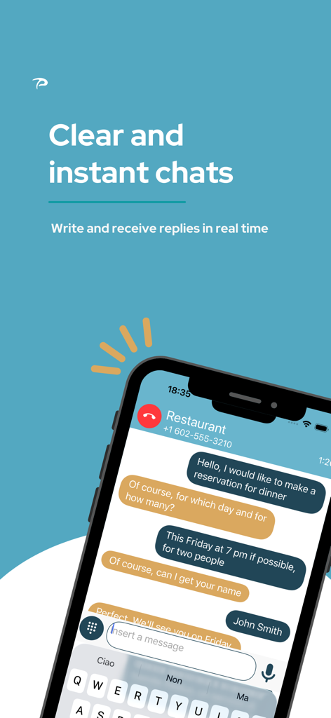 Pedius - Interface do aplicativo Pedius mostrando um bate-papo de texto em tempo real durante uma chamada telefônica para um restaurante