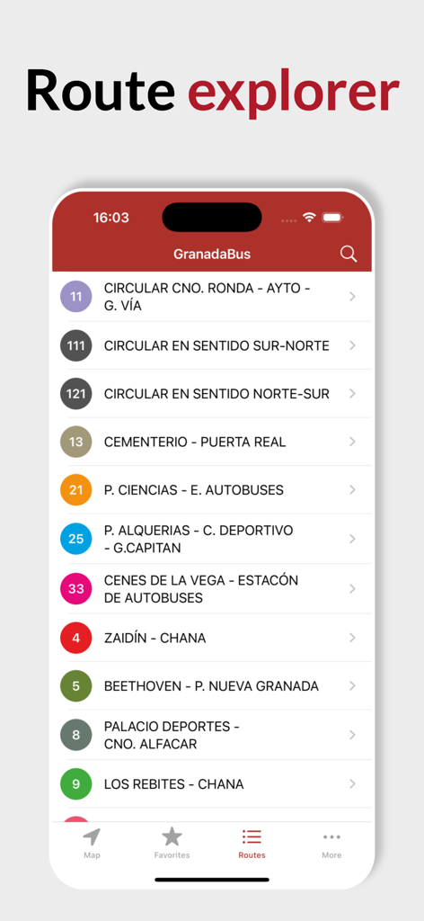 GranadaBus - 그라나다의 버스 노선 및 목적지 목록을 보여주는 GranadaBus 앱 노선 탐색기 화면