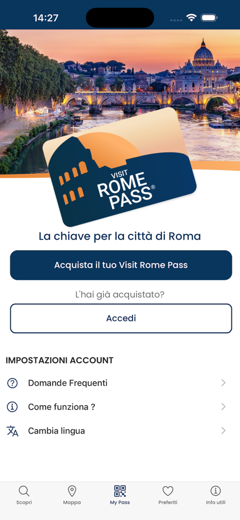 The home screen of the Visit Rome Pass app displaying the digital city pass and options to buy or log in.