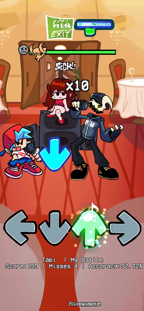 Capture d'écran du gameplay de Friday Night Funkin FNF présentant une bataille musicale rythmique avec des flèches et des personnages au style artistique rétro