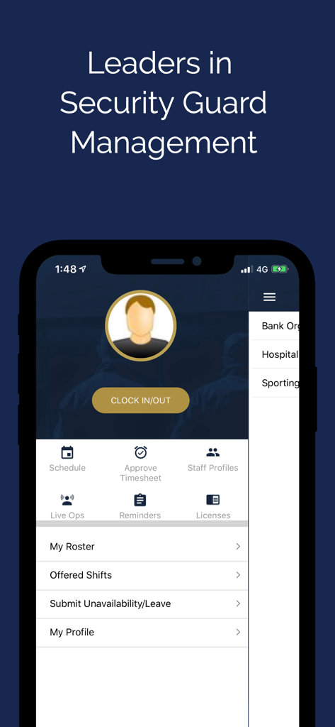 Interfaz de la aplicación móvil Guardhouse que muestra las funciones de entrada/salida y gestión de personal.