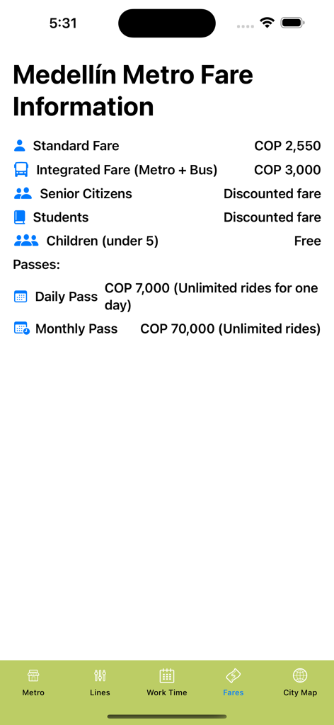 Medellin Subway Map - Bildschirm mit Fahrpreisinformationen der Medellín Metro, der Standardpreise und Kosten für Reisepässe anzeigt