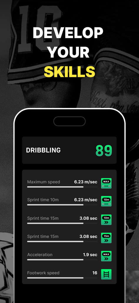 JuniStat - Smart Soccer Tests - JuniStat app interface displaying a soccer dribbling score and performance metrics including speed and acceleration